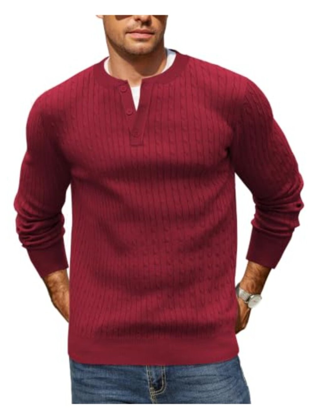 Men's Cable Knit Henley Sweater Long Sleeve Button Down Pullover Slim Fit